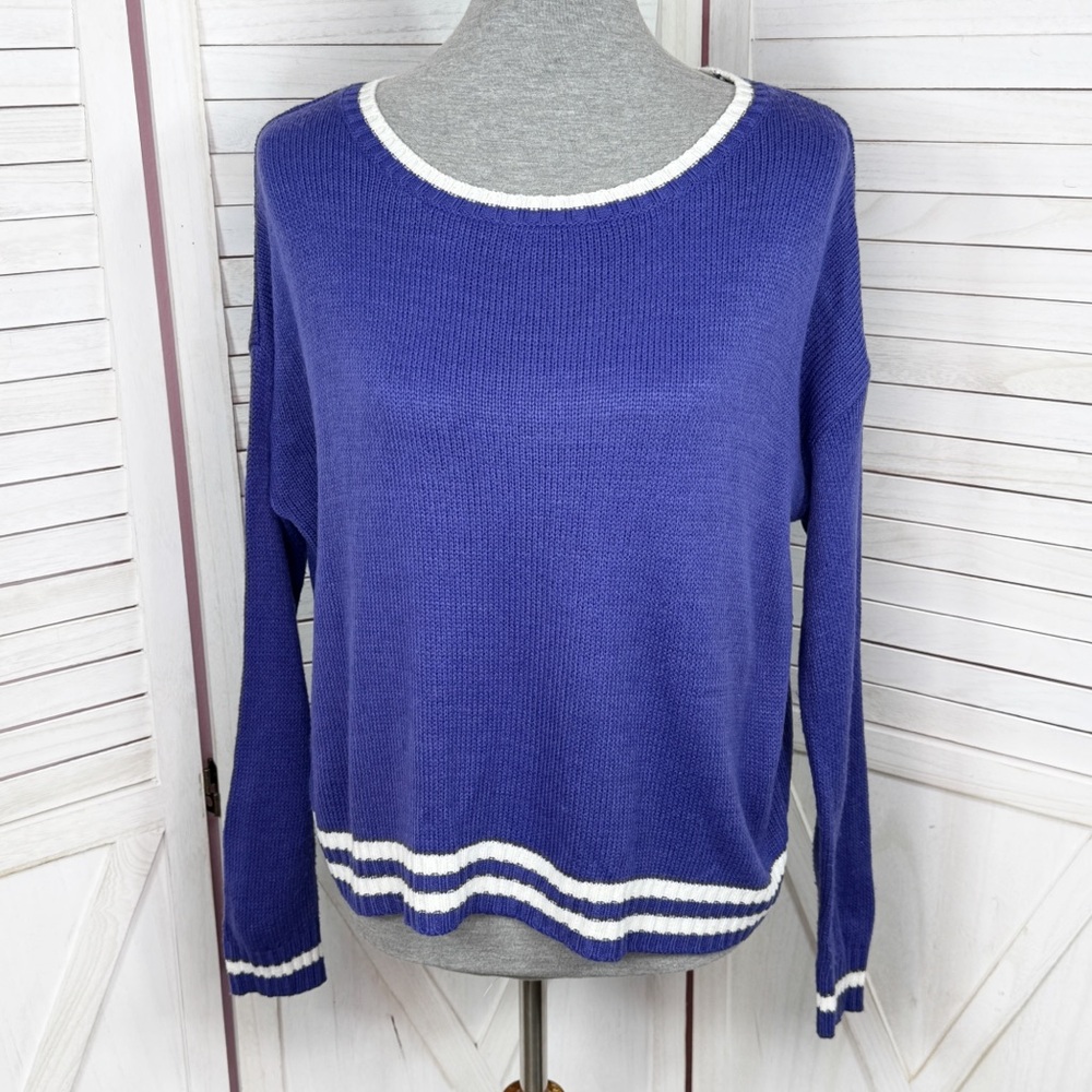 Y2K Wet Seal Striped Trim Tennis Prep Pullover Sweater Purple Blue XS